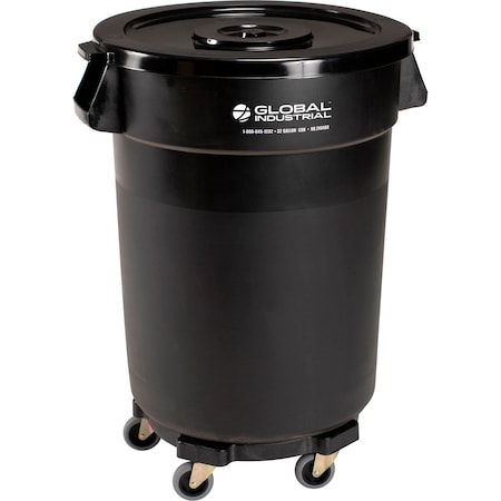 Global Industrial Plastic Trash Can with Lid & Dolly, 32 Gallon Black 240460BKB